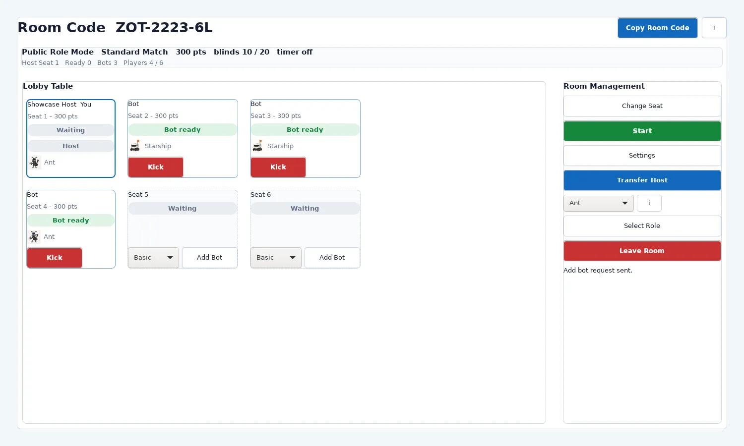Lobby with three bots seated and a level selector for adding more