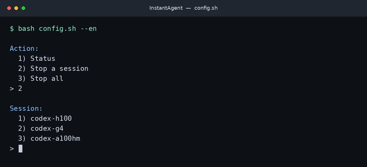config.sh lists sessions by name to check status or stop them