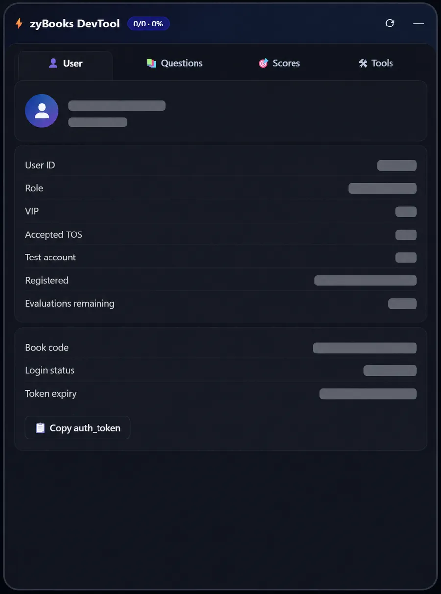 The panel's User tab with account and session details